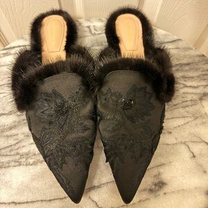 Alberta Ferretti Real Mink Trim Embroidered Mules